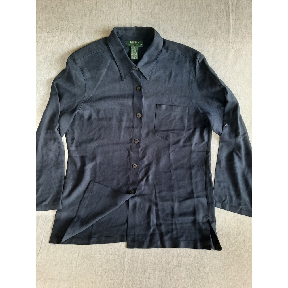 Ralph Lauren Women's 14P Button Up SILK Shirt Navy Blue Roll Tab Sleeves Blouse